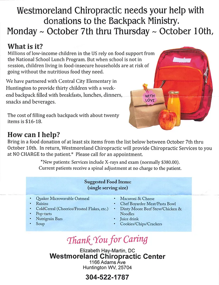 Chiropractic Huntington WV Backpack Donations